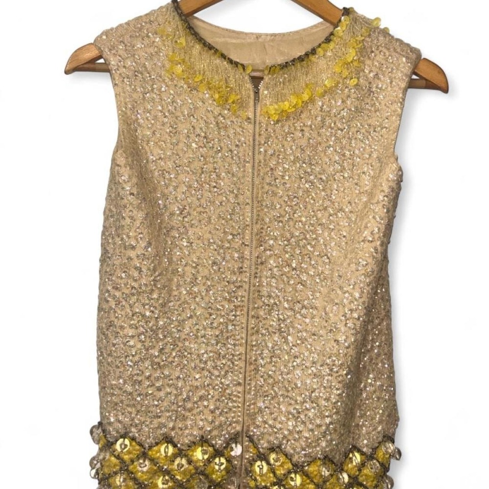Vintage 1960s Hand Beaded Wool‎ Sequin Shell Top Sleeveless Vest Yellow Small
